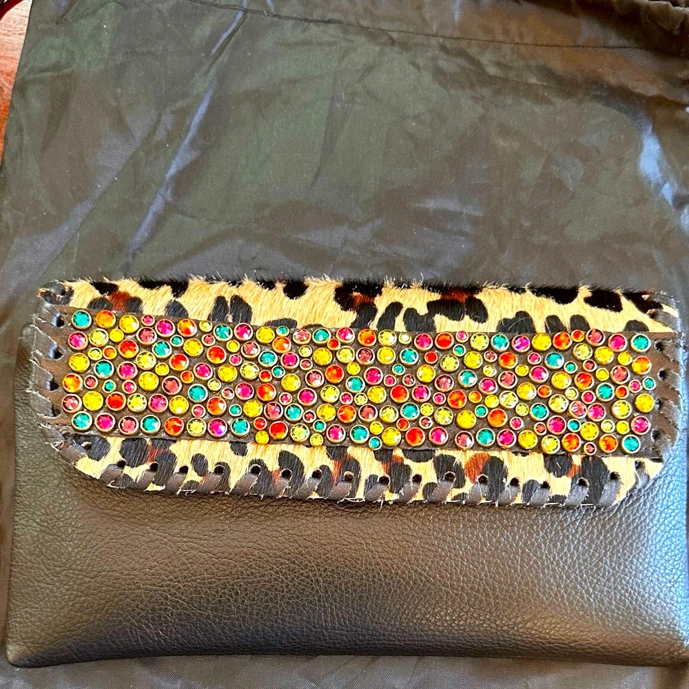 Kurtmen  Black Leather Sparkly Confetti  Embellished Clutch Or Shoulder Bag, NWT